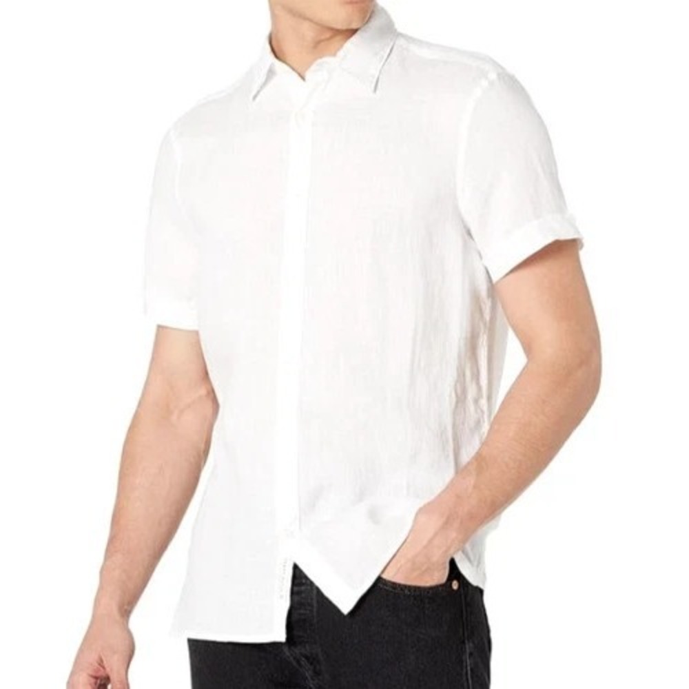 Perry Ellis Men's XLT White Linen Untucked Short Sleeve Button Up Shirt NWT